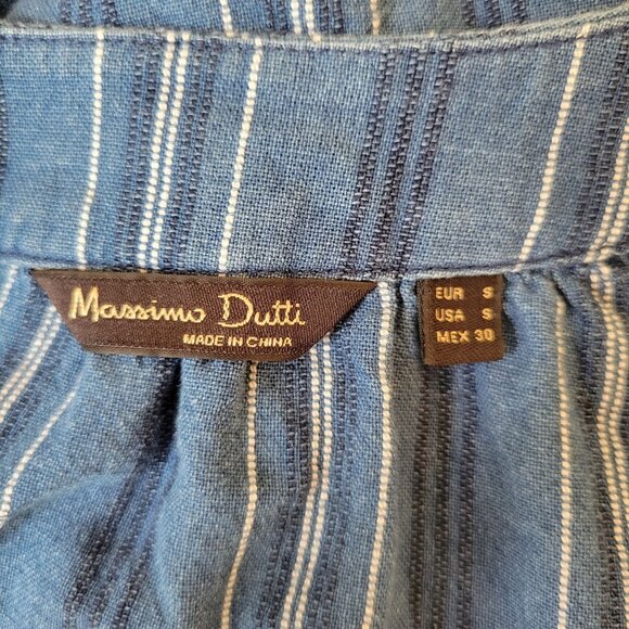 Massimo Dutti Boho Striped Tunic Top S Blue White Embroidered Keyhole Denim - Picture 2 of 7